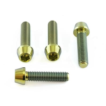 Gold titanium screen and mirror mounting bolts, featuring a hexagonal head design, with two shorter and two longer screws, showcasing a shiny, durable finish.