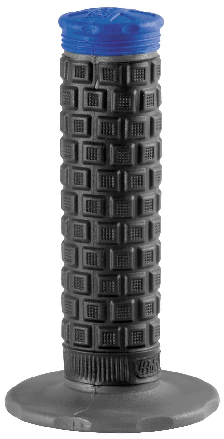 Blue top cap with textured black rubber grip featuring a tri-density design and a wide base for enhanced comfort and control.