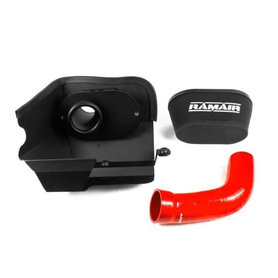 RamAir Performance Induction Kit featuring a black plastic airbox, a foam filter, and a vibrant red silicone hose for enhanced airflow and performance.