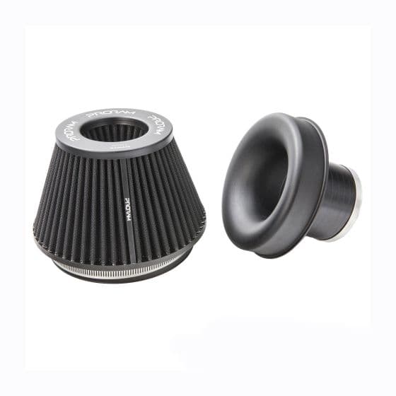 Black cone air filter with a ribbed design, featuring a silver clamp, and a separate black velocity stack attachment, both made from durable materials.