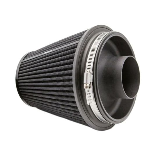 Black multi-fit cone air filter with a textured surface, featuring a velocity stack and a metal clamp, designed for enhanced airflow and performance.