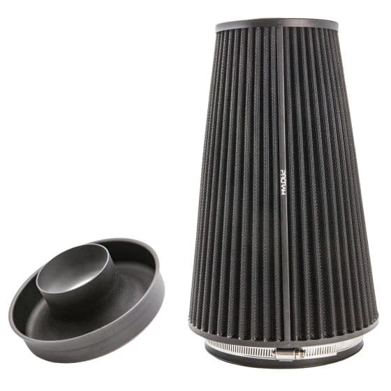 Black multi-fit cone air filter with a ribbed design and a shiny metal base, accompanied by a removable velocity stack, designed for enhanced airflow and performance.