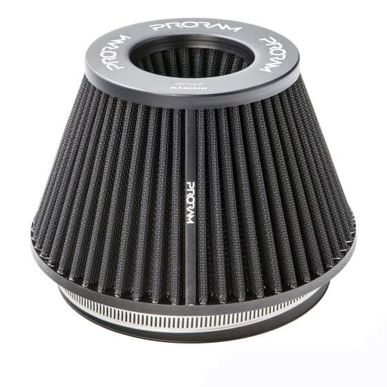 Black multi-fit cone air filter with a tapered design, featuring pleated material and a silver mesh base, labeled "ProRam" on the top.