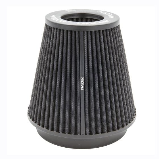 Black multi-fit cone air filter with a textured surface, featuring a wide opening at the top and pleated design, designed to fit velocity stacks, by RamAir.