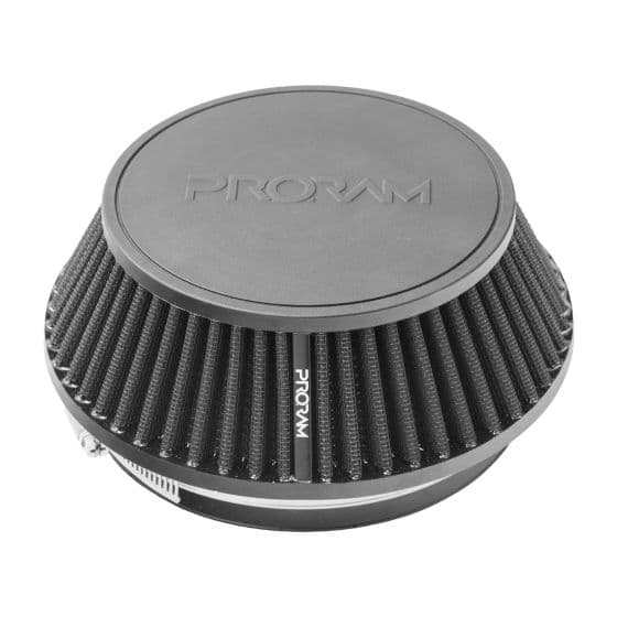 Black multi-fit cone air filter with pleated design, featuring a smooth top with "PRORAM" logo, designed for 63mm velocity stack applications.