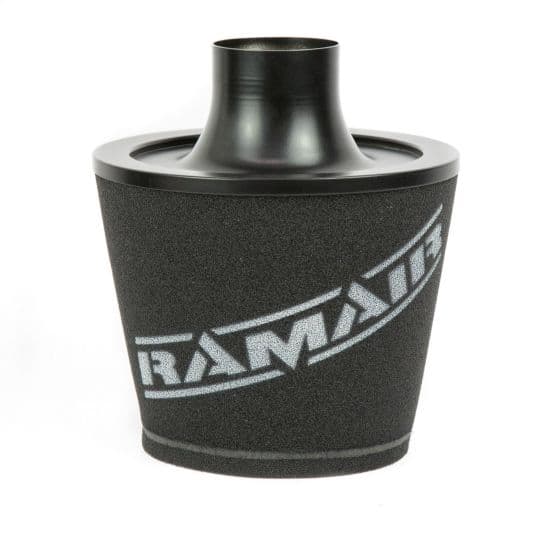 Black alloy air filter with a tapered cone shape, featuring a smooth top and a prominent "RamAir" logo in silver, designed for universal fit with a 100mm inlet.