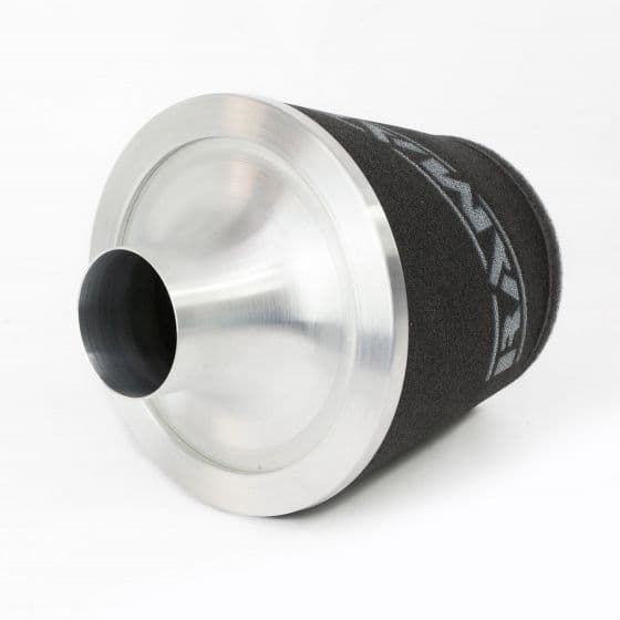 Silver alloy neck cone air filter with a black foam body, featuring a 100mm inlet and a sleek design, ideal for enhancing engine performance.