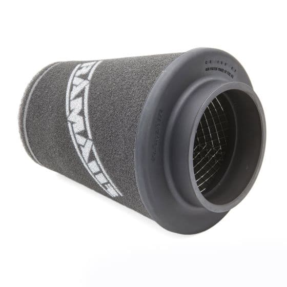 Black rubber neck cone air filter with a textured surface, measuring 102-150mm OD and 181mm long, featuring a centered 70mm opening and a mesh interior for airflow.