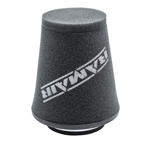 Gray rubber neck cone air filter with a tapered design, featuring a black and white RamAir logo, measuring 102-150mm OD and 181mm in length, with a centered 80mm opening.
