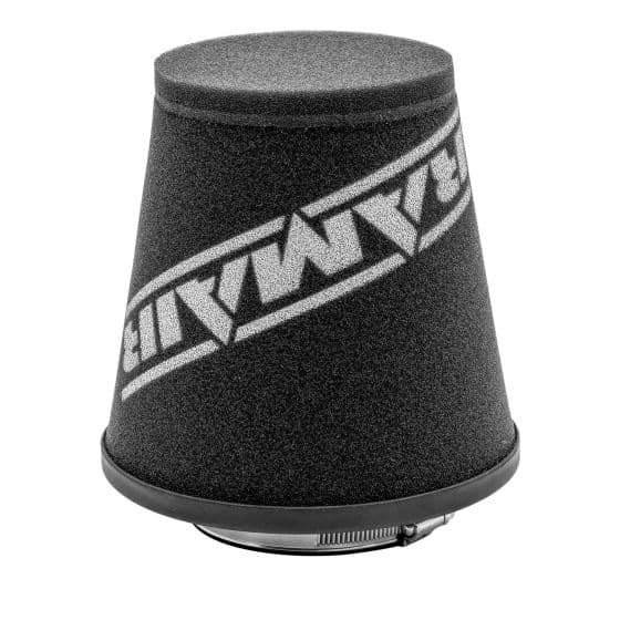 Black rubber cone air filter with a tapered design, featuring a grey RamAir logo band, measuring 121-175mm OD and 190mm in length, with a 90mm centered inlet.