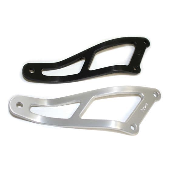 Silver R&G Motorcycle Exhaust Hanger made of durable metal, featuring a sleek design with cut-out sections, alongside a black version for comparison.