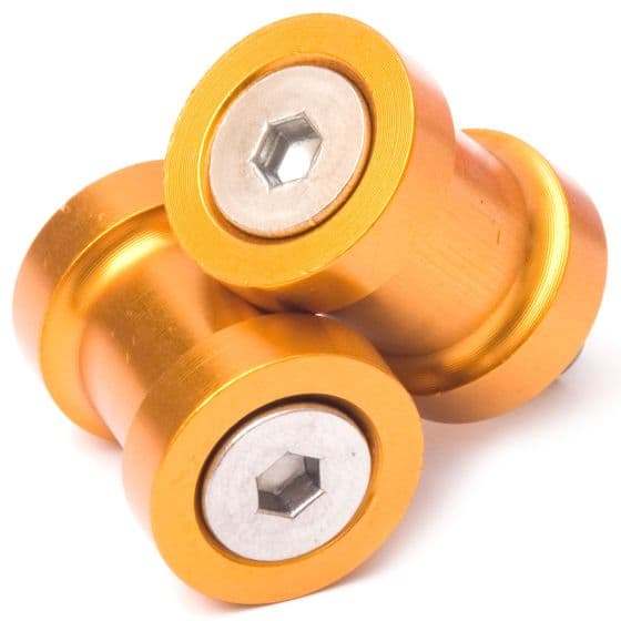 Gold M10 paddock stand bobbins made of aluminum, featuring a hexagonal socket for easy installation and a sleek, polished finish for durability and style.