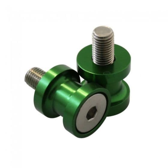 Green aluminum M10 paddock stand bobbins with a shiny finish, featuring a central hexagonal socket and a smooth, rounded design for motorcycle support.