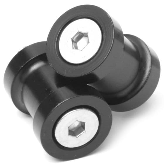 Black M6 paddock stand bobbins by R&G, featuring a smooth cylindrical design with a metallic hexagonal insert for secure attachment.