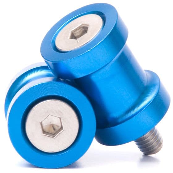 Blue anodized aluminum M8 paddock stand bobbins featuring a hexagonal socket for easy installation, with a sleek, polished finish and a sturdy design.