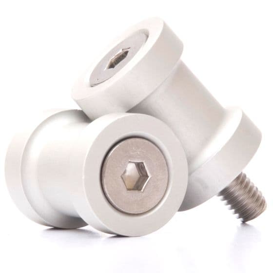Silver M8 paddock stand bobbins by R&G, featuring a sleek aluminum design with a hexagonal socket for easy installation and a smooth finish for durability.