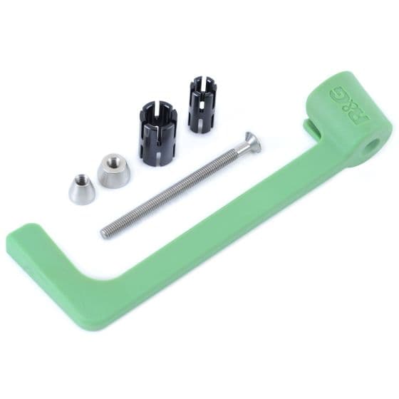 R&G Motorcycle Moulded Lever Guard in green, made of durable material, includes mounting hardware with black spacers and a silver screw for installation.