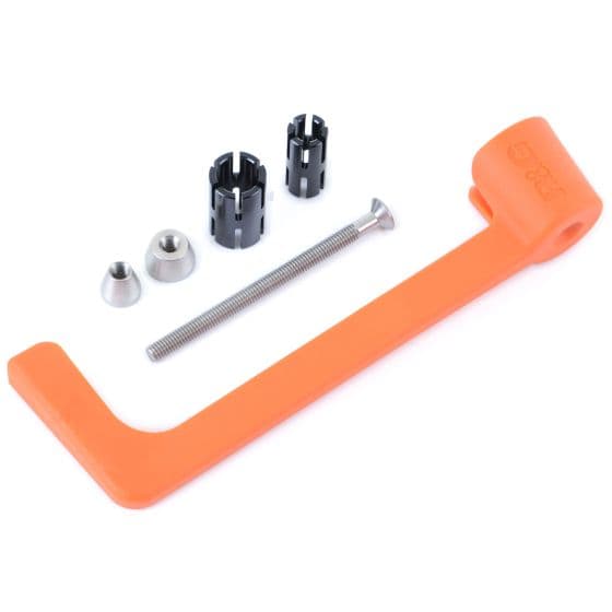 R&G Motorcycle Moulded Lever Guard in bright orange, made of durable plastic, includes mounting hardware with black and silver components for easy installation.