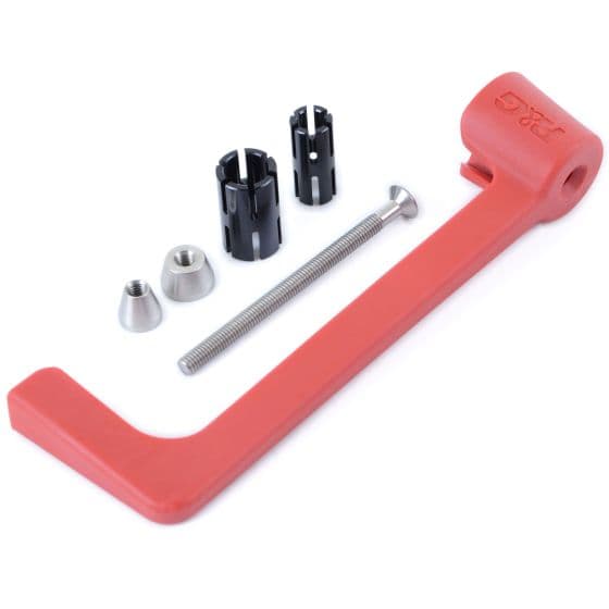 R&G Motorcycle Moulded Lever Guard in vibrant red, made of durable plastic, includes mounting hardware with black and silver components for easy installation.