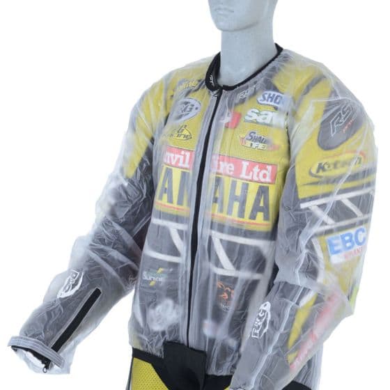 Clear waterproof rain jacket with a lightweight, transparent material, featuring black zippers, elastic cuffs, and logos from various brands like Yamaha and EBC.