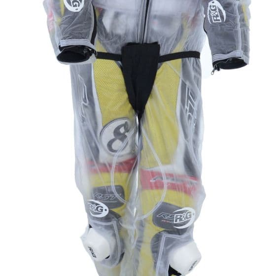 Clear waterproof rain trousers made from lightweight material, featuring a black waistband, yellow accents, and R&G branding on the legs.