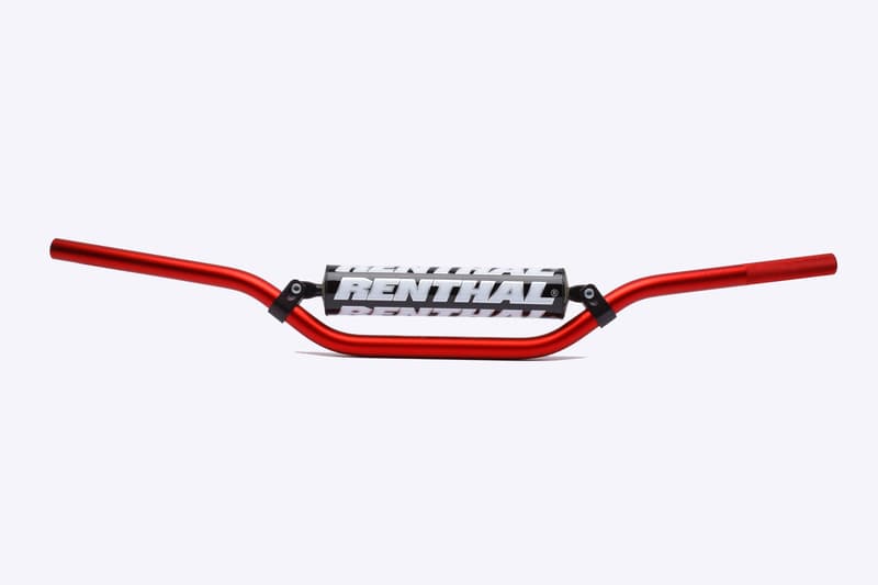 Red aluminum Renthal MX/Enduro 7/8" 693 handlebar featuring a black center section with bold white "RENTHAL" branding on both sides.