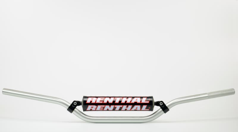 Silver 7/8 RC Bend handlebars by Renthal feature a sleek aluminum design with a prominent red and black Renthal logo on the center.