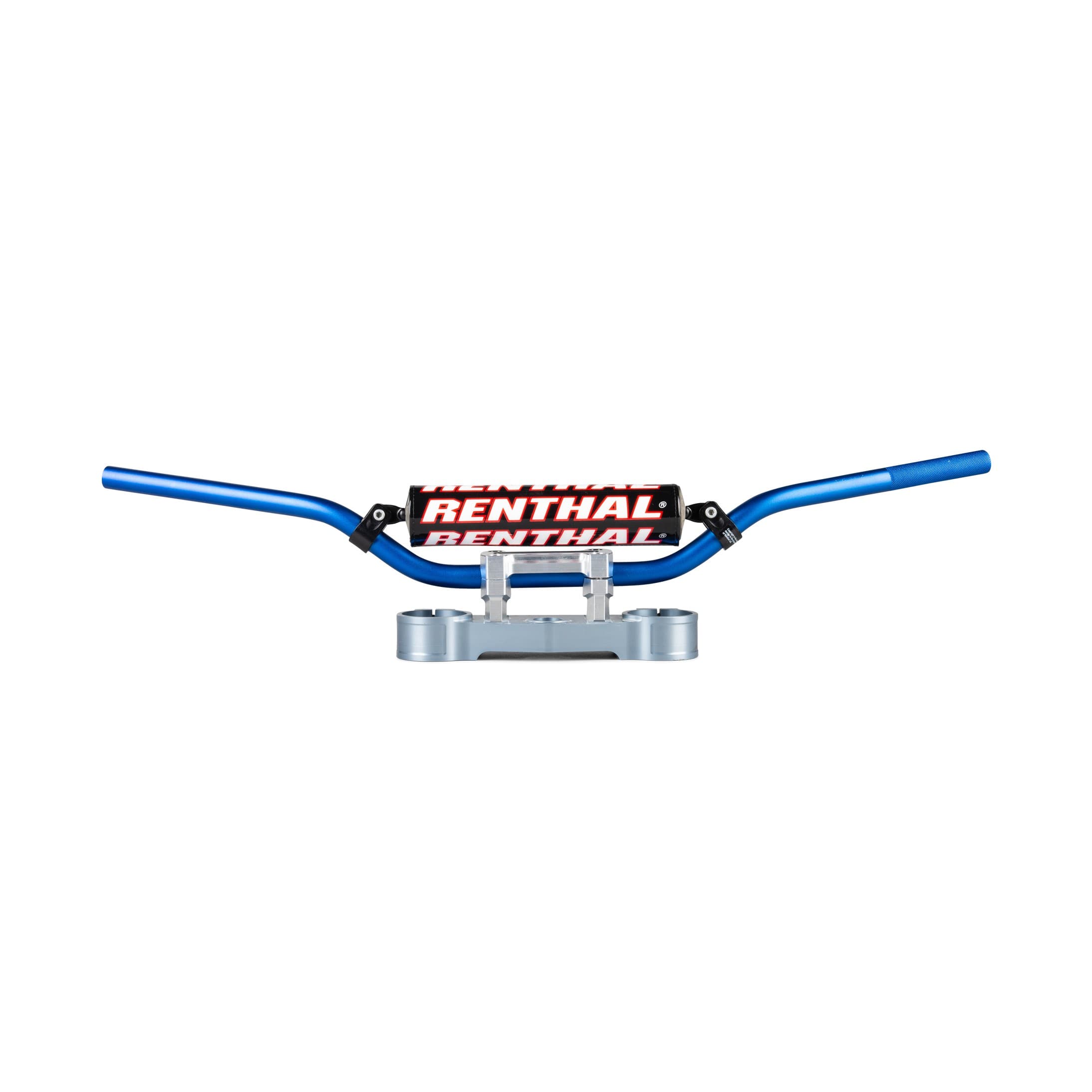 Blue aluminum handlebars with a black and red Renthal logo, featuring a sleek design and a sturdy mount for easy installation on bikes.