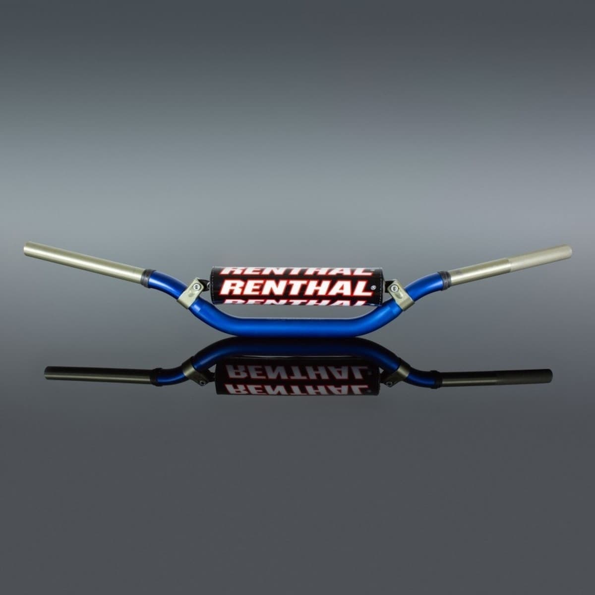 Blue Renthal Volant 1 1/8" MX Twinwall 922 handlebar with silver grips, featuring a sleek design and prominent Renthal logo, reflecting a high-quality aluminum material.