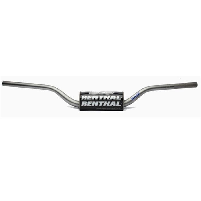 Silver aluminum handlebar with a high-rise design, featuring a black Renthal logo on the center, designed for improved control and comfort in biking.