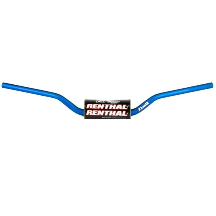 Blue Renthal 672 Fat Bar handlebars with a glossy finish, featuring a central black logo, designed for KTM SX/SXF, Suzuki RM/RMZ, and Yamaha YZF models.