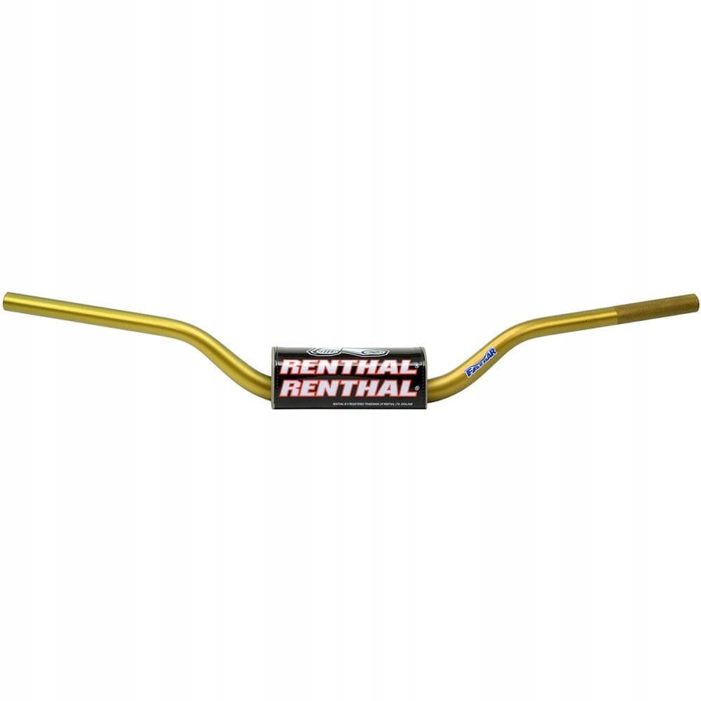Gold aluminum handlebar with a high-rise design, featuring a black Renthal logo sticker in the center and textured grip areas on the ends.