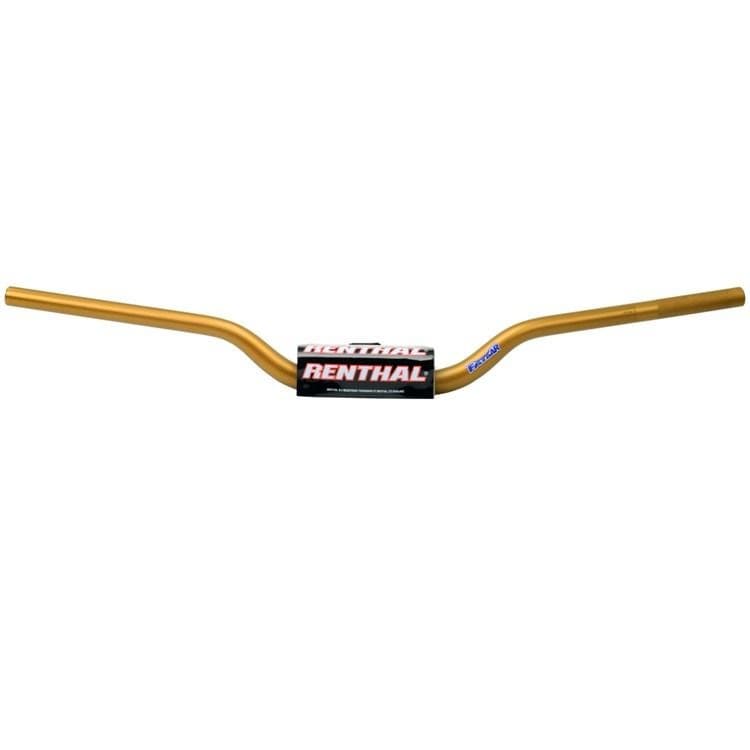 Gold Renthal 673 Bou/Lampkin Trials Fat Bar handlebars with a curved design, featuring a black and white Renthal logo sticker on the center.