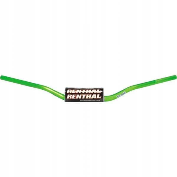Green Renthal 609 RC High Bend Fat Bar Handlebars featuring a sturdy aluminum construction and a prominent Renthal logo on the center.
