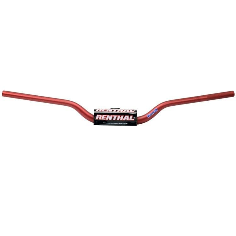 Red Renthal 673 Bou/Lampkin Trials Fat Bar handlebars with a sleek aluminum design, featuring a distinctive curved shape and branded graphics on the center.