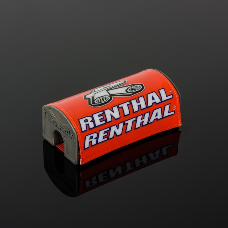 Bright orange handlebar pad with "RENTHAL" logo in bold blue letters, featuring a sleek design and durable material, designed for motorcycle or bicycle handlebars.
