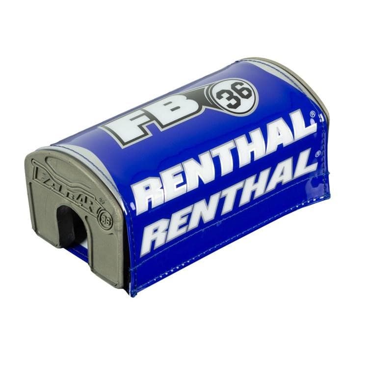 Blue, silver, and white Renthal FB36 Fat Bar Pad featuring a padded design with the Renthal logo prominently displayed on both sides.