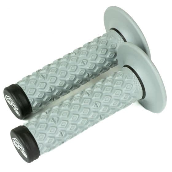 Gray rubber dual glue-on comfort grips with a diamond pattern and black end caps, designed for enhanced grip and control in motocross applications.