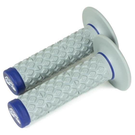 Dual glue-on comfort grips in light gray with a textured diamond pattern, featuring blue end caps and rings for enhanced grip and comfort.