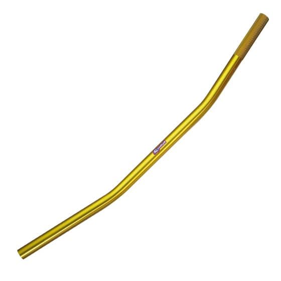 Gold Renthal Superbike flat handlebars with a sleek aluminum design, featuring a slight bend and textured grips for improved handling and control.