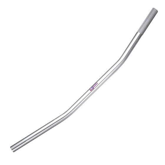Silver Renthal Superbike flat handlebars with a sleek, curved design and textured grip ends, made from durable aluminum for enhanced performance.