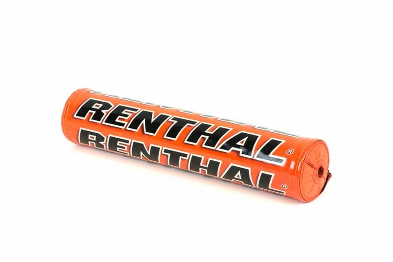 Bright orange foam bar pad with "RENTHAL" printed in bold black letters, designed for motorcycle handlebars, featuring a cylindrical shape and a secure end cap.