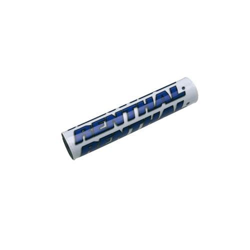White handlebar pad with bold blue "RENTHAL" branding, measuring 240mm, designed for motorcycle handlebars, featuring a durable foam material for impact protection.