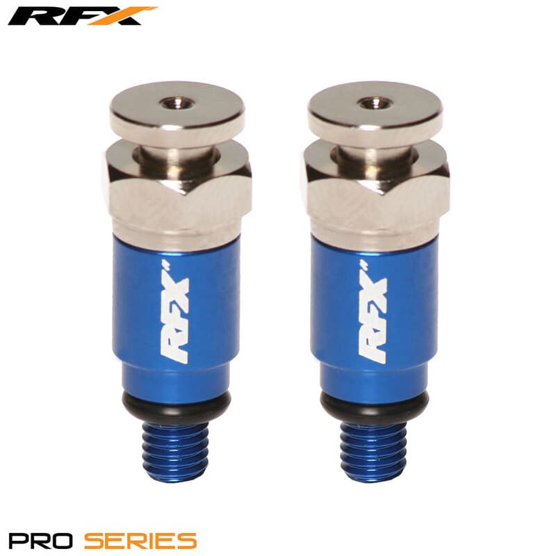 Blue aluminum air bleeders with silver metal fittings, featuring the "RFX" logo, designed for Kayaba/Showa forks, M5x0.8 thread size.