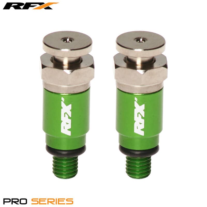 Green RFX Pro Fork Air Bleeders with M5x0.8 threading, featuring a silver metal top and a rubber O-ring, designed for Kayaba/Showa suspension systems.