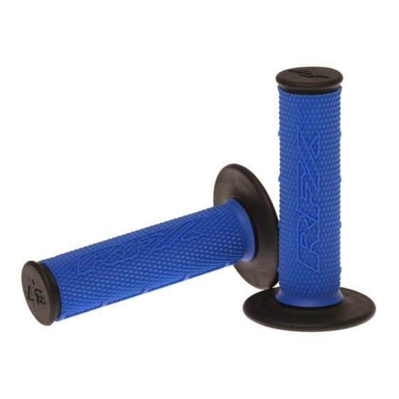 Blue and black dual compound grips with textured surfaces and black end caps, featuring the "RFX" logo, designed for enhanced grip and comfort.