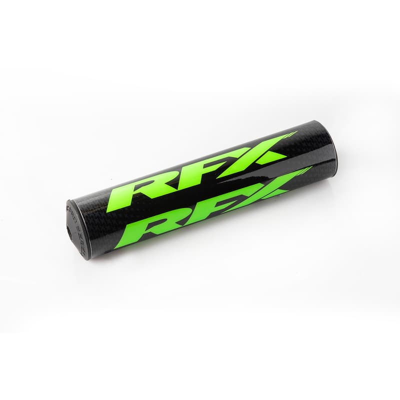 Black and green RFX Pro 2.0 F8 taper bar pad, featuring a sleek design with bold green RFX branding, made from durable material, measuring 28.6mm in diameter.