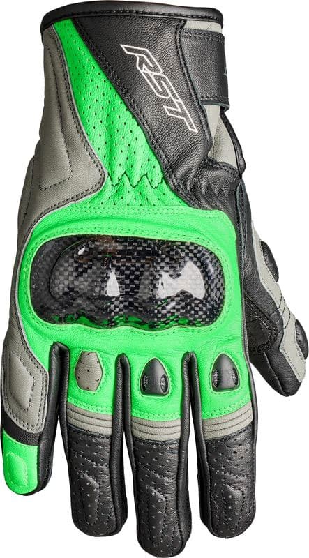Black, neon green, and grey RST Stunt III gloves featuring a carbon fiber knuckle protector, padded fingers, and perforated material for ventilation, size 8.