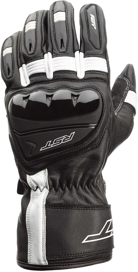 Black and white RST Pilot gloves, size 9, featuring a leather exterior, padded knuckles, and reinforced palm for enhanced grip and protection.