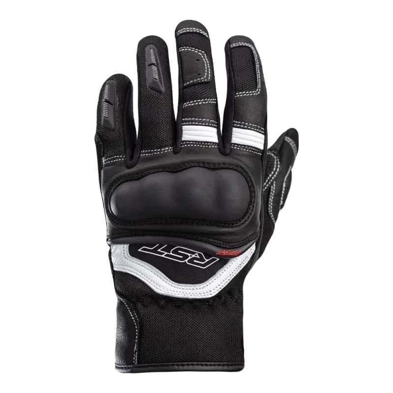 Black and white RST Urban Air 3 gloves feature a padded knuckle, reinforced palm, and textured grip, designed for comfort and protection in size 12.